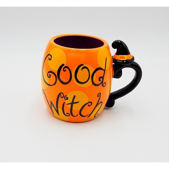 Clay Art Good Witch Coffee Tea Mug Orange Halloween 16 Oz Polka Dot - Picture 1 of 8